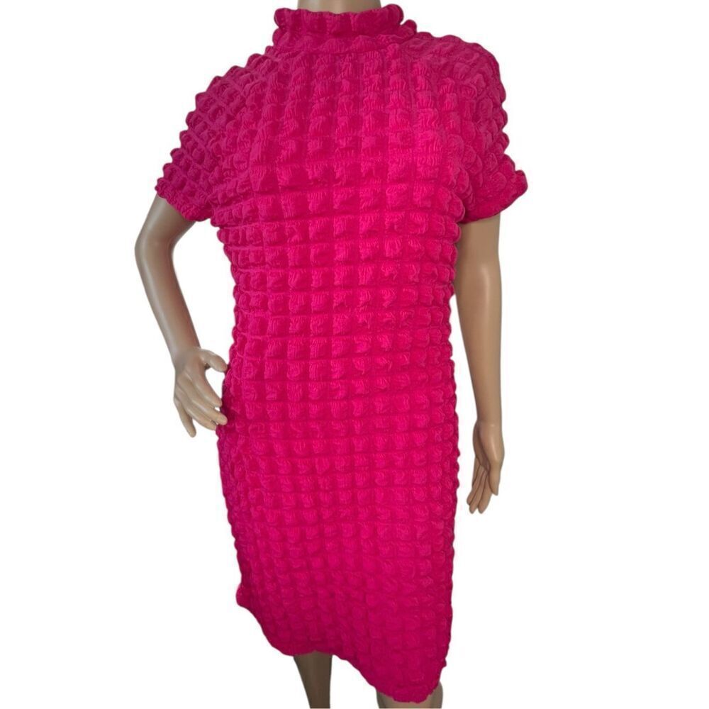 Planet Gold Hot Pink Short Sleeve Stretchy Crinkle Knee Length Dress